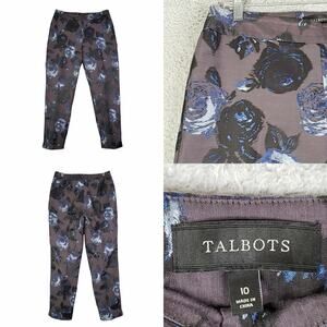 Talbots Pants Women’s Size 10 Gray Blue Floral Side Zip Tapered Leg Woven